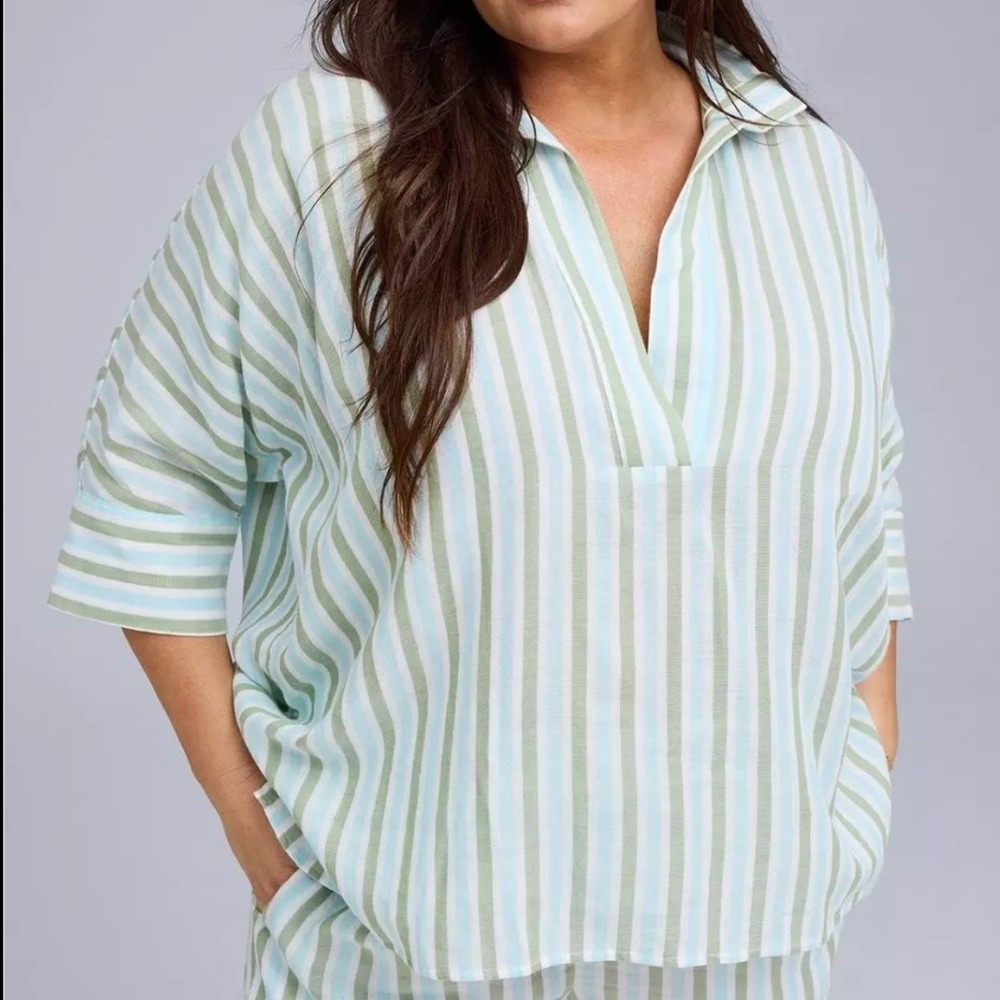 Belle Isle by Torrid Plus Sz 3X Blue/Green Striped Cotton Popover Oversize Tunic